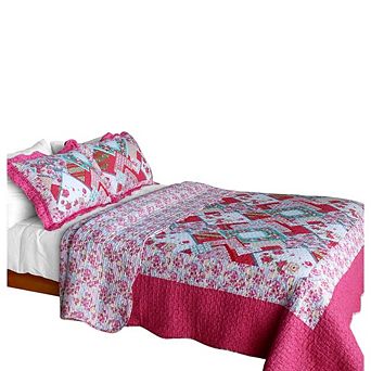 3 pc Rose Floral Cotton Bed Quilt with Detailed Stitch Pattern and Coordinated Pillow Shams