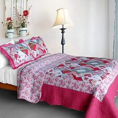3 Piece Rose Floral Cotton Bed Quilt with Detailed Stitch Pattern and Coordinated Pillow Shams