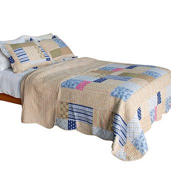 3 pc Plaid Cotton Quilt Bedding Set Vermicelli Stitch Texture with Matching Quilted Shams