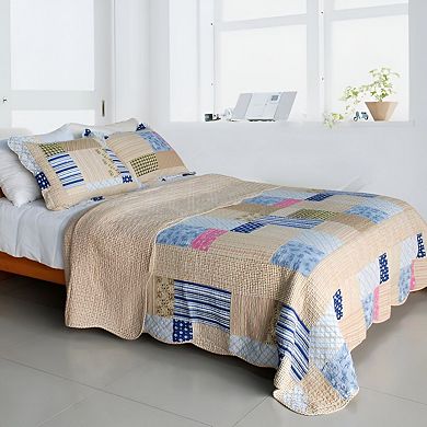 3 Piece Plaid Cotton Quilt Bedding Set Vermicelli Stitch Texture with Matching Quilted Shams