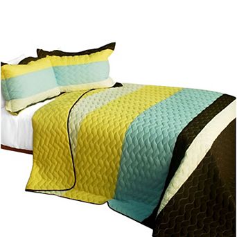 3 pc Wave Thick Stripe Patchwork Quilt Set Cotton Vermicelli Quilted Bedding Set