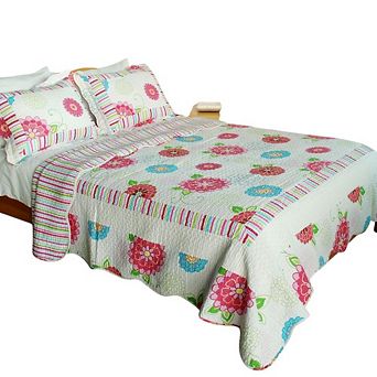 3 pc Floral Theme Cotton Quilt Bedding Set Vermicelli Stitch Texture with Matching Quilted Shams