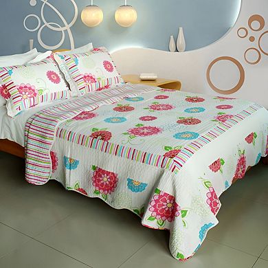 3 Piece Floral Theme Cotton Quilt Bedding Set Vermicelli Stitch Texture with Matching Quilted Shams
