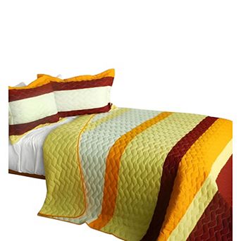 3 pc Reversible Wave Stripe Quilt Set Patchwork Cotton Bedspread Set with Pillow Shams