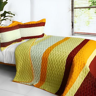 3pc Reversible Wave Stripe Quilt Set Patchwork Cotton Bedspread Set with Pillow Shams