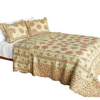 3 pc Floral Print Cotton Bed Quilt Set with Detailed Stitch Design and Coordinated Pillow Shams