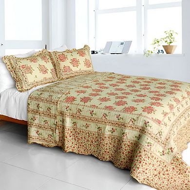3Pc Floral Print Cotton Bed Quilt Set with Detailed Stitch Design and Coordinated Pillow Shams