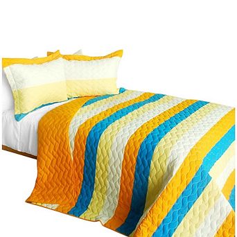 3 pc Horizontal Stripe Patchwork Quilt Set Cotton Vermicelli Quilted Bedspread Bedding Set