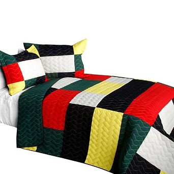 Full Queen Striped Patchwork Quilt Set 3 pc Reversible Vermicelli Bedding