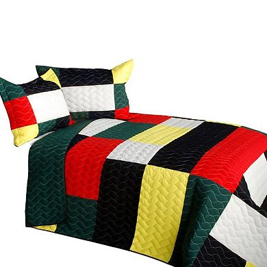 Full Queen Striped Patchwork Quilt Set 3 Piece Reversible Vermicelli Bedding