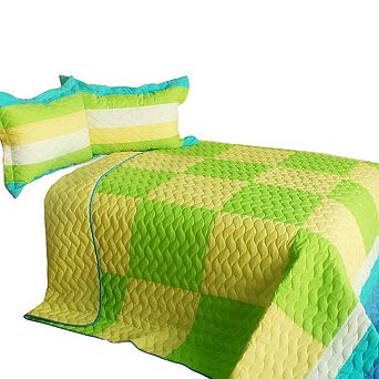 3 pc Color Block Patchwork Quilt Set Cotton Vermicelli Quilted Bedding Set
