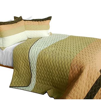 3 pc Horizontal Stripe Pattern Quilt Set Cotton Patchwork Vermicelli Quilted Bedspread Set