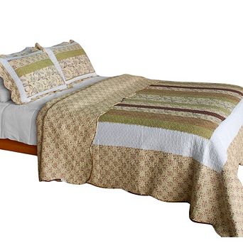 3 pc Paisley Print Cotton Bed Quilt with Detailed Stitch Design and Coordinated Pillow Shams