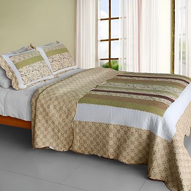 3 Piece Paisley Print Cotton Bed Quilt with Detailed Stitch Design and Coordinated Pillow Shams