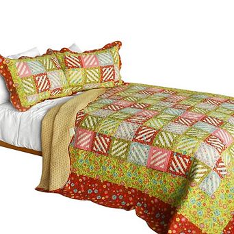 Full Queen 3 pc Reversible Quilt Set Cotton Printed Bedspread