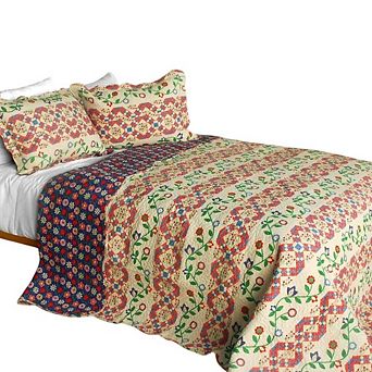 Full Queen Cotton Quilt Set 3 pc Reversible Printed Bedding with 2 Pillow Shams