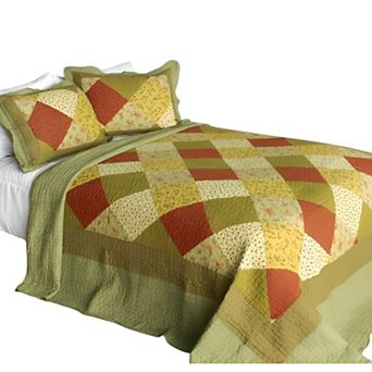 3 pc Floral Quilt Bedding Set Cotton Vermicelli Stitch Pattern with Matching Shams