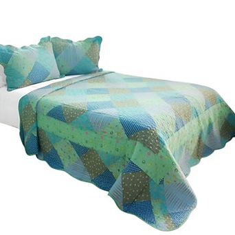 3 pc Floral Cotton Quilt Bedding Set Vermicelli Stitch Texture with Matching Quilted Shams