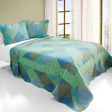 3 Piece Floral Cotton Quilt Bedding Set Vermicelli Stitch Texture with Matching Quilted Shams
