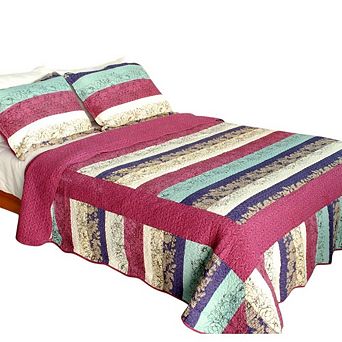 3 pc Floral Pattern Cotton Quilt Bedspread Set with Textured Stitch Surface and Shams