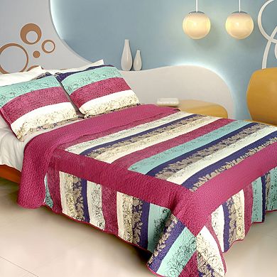 3 Piece Floral Pattern Cotton Quilt Bedspread Set with Textured Stitch Surface and Shams