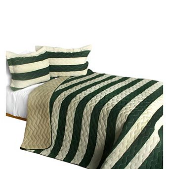 3 pc Reversible Stripe Patchwork Quilt Set Cotton Vermicelli Quilted Bedding Set with Pillow Shams