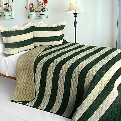 3Pc Reversible Stripe Patchwork Quilt Set Cotton Vermicelli Quilted Bedding Set with Pillow Shams