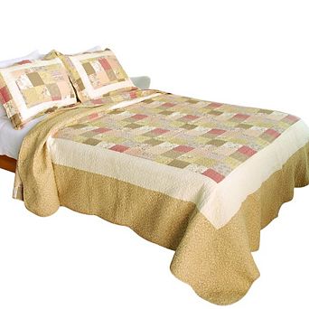 3 pc Floral Cotton Quilt Bedding Set Vermicelli Stitch Texture with Matching Quilted Shams