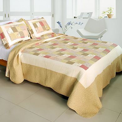 3Pc Floral Cotton Quilt Bedding Set Vermicelli Stitch Texture with Matching Quilted Shams