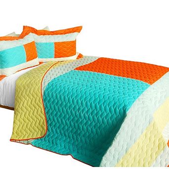 3 pc Color Block Patchwork Quilt Set Cotton Vermicelli Quilted Bedspread Bedding Set