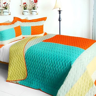 3Pc Color Block Patchwork Quilt Set Cotton Vermicelli Quilted Bedspread Bedding Set