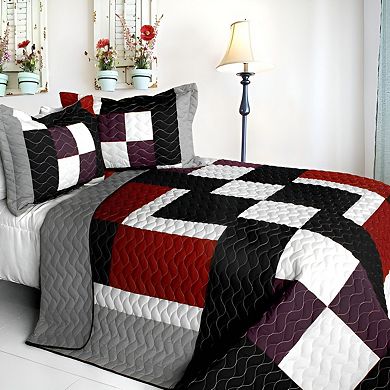 3 Piece Geometric TC Fabric Quilt Bedding Set Vermicelli Stitch Texture with Quilted Shams