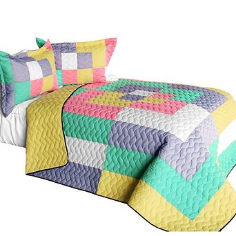 3 pc Geometric Color Block TC Fabric Quilt Bedspread Set with Textured Stitch Finish and Shams