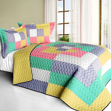 3 Piece Geometric Color Block TC Fabric Quilt Bedspread Set with Textured Stitch Finish and Shams