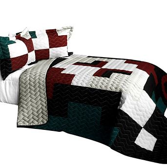 3 pc Geometric Quilt Bed Cover Set TC Fabric Handmade Finish with Coordinated Quilted Shams