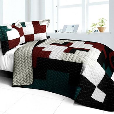 3 Piece Geometric Quilt Bed Cover Set TC Fabric Handmade Finish with Coordinated Quilted Shams