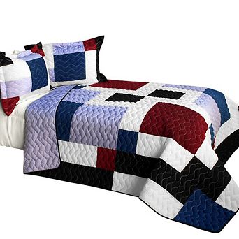 3 pc Color Block Cotton Quilt Bedding Set Vermicelli Stitch Texture with Quilted Shams