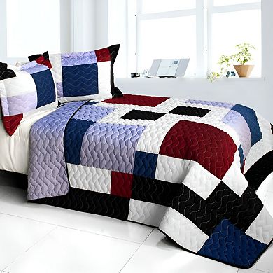 3 Piece Color Block Cotton Quilt Bedding Set Vermicelli Stitch Texture with Quilted Shams