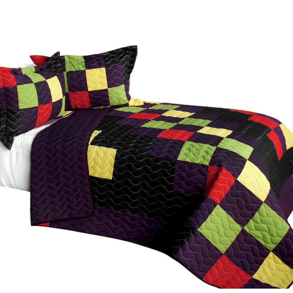 3 Piece Color Block Quilt Bed Set TC Fabric with Handmade Stitch Detail ...