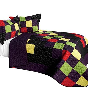 3 pc Color Block Quilt Bed Set TC Fabric with Handmade Stitch Detail and Matching Pillow Shams