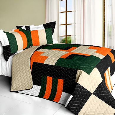 3 PC Geometric TC Fabric Quilt Bedding Set Vermicelli Stitch Texture with Quilted Shams