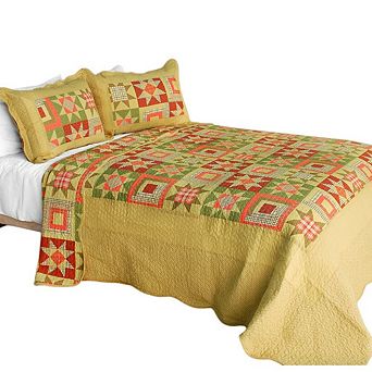 3 pc Geometric Cotton Quilt Bedding Set Vermicelli Stitch Texture with Quilted Shams