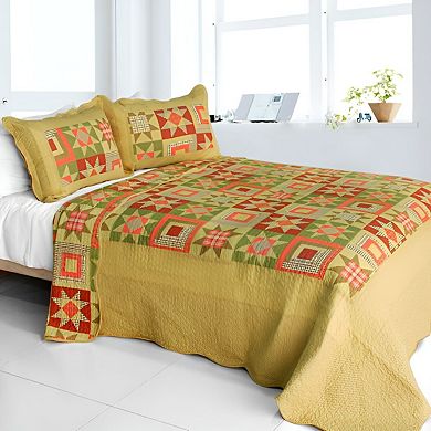 3 Piece Geometric Cotton Quilt Bedding Set Vermicelli Stitch Texture with Quilted Shams