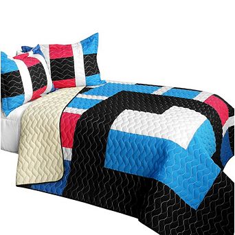 3 pc Modern Color Block Quilt Bedding Set Lightweight Layering with Coordinated Shams