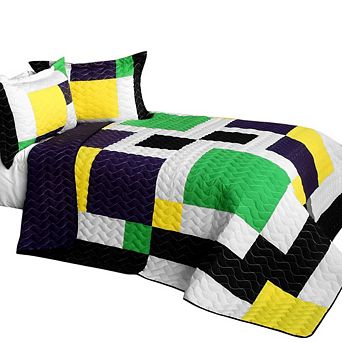 3 pc Color Block Quilt Bed Cover Set with Handmade Finish and Coordinated Quilted Shams
