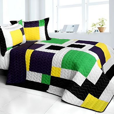 3 Piece Color Block Quilt Bed Cover Set with Handmade Finish and Coordinated Quilted Shams
