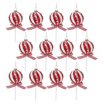 12 pc Round Lollipop Style Holiday Ornaments with Glitter Stripe and Bow Detail for Christmas Tree