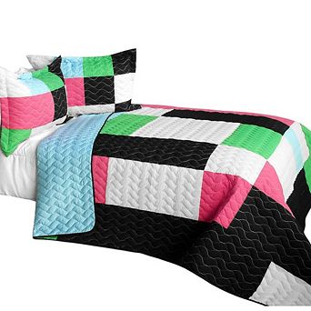3 pc Geometric TC Fabric Quilt Bedding Set Vermicelli Stitch Texture with Quilted Shams