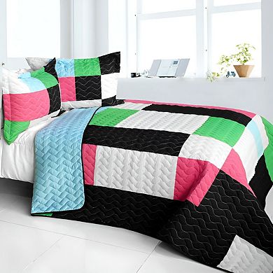 3Pc Geometric TC Fabric Quilt Bedding Set Vermicelli Stitch Texture with Quilted Shams