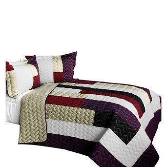 3 pc Color Block Patchwork Quilt Bed Set TC Fabric with Handmade Stitch Detail, Matching Pillow Shams